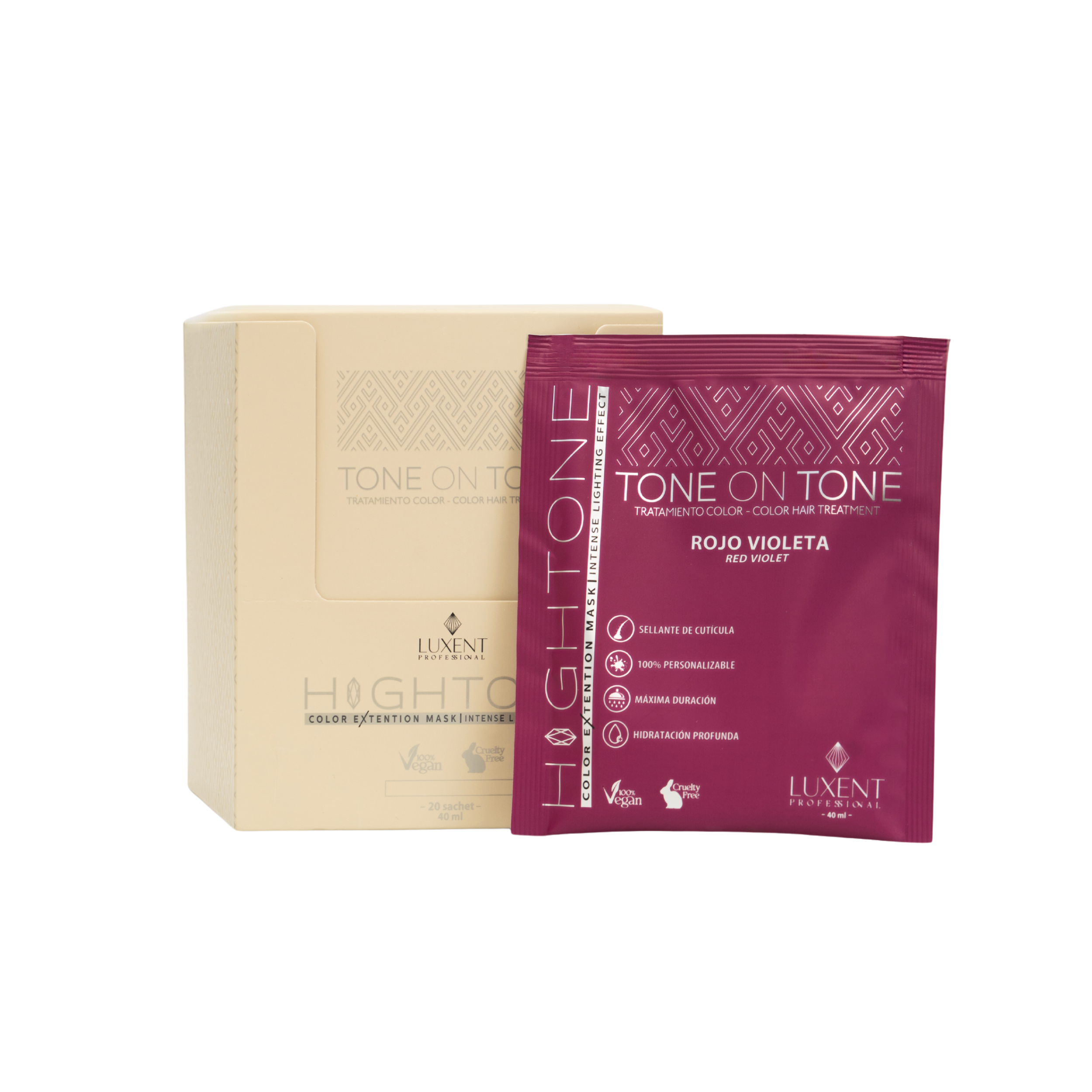 Caja de mascarillas capilares Tone on Tone y sachet individual Rojo Violeta - Luxent Professional