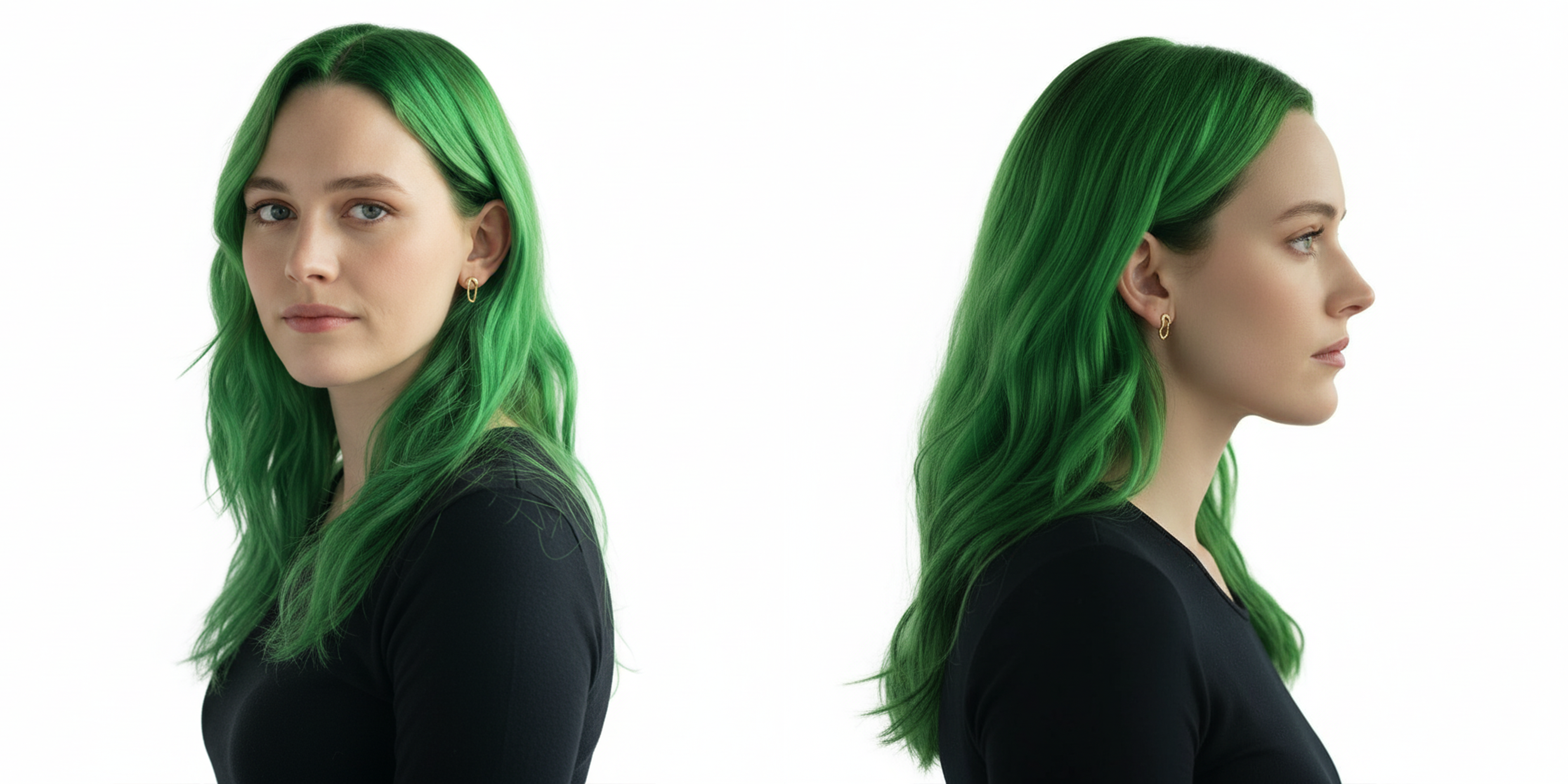 Modelo con cabello verde vibrante, mostrando color intenso y uniforme - Luxent Professional