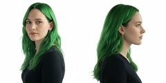 Modelo con cabello verde vibrante, mostrando color intenso y uniforme - Luxent Professional
