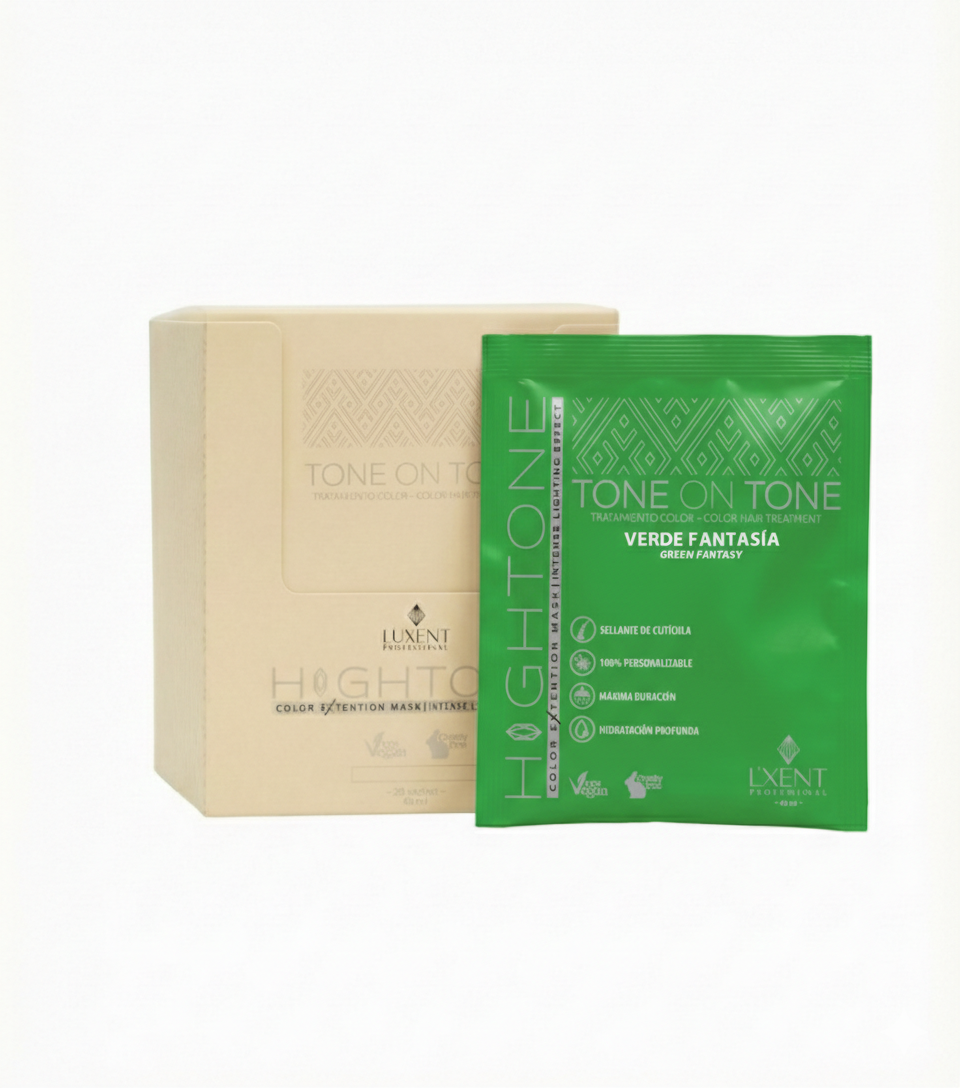 Caja y sachet individual de tratamiento capilar Tone on Tone Verde Fantasía. - Luxent Professional