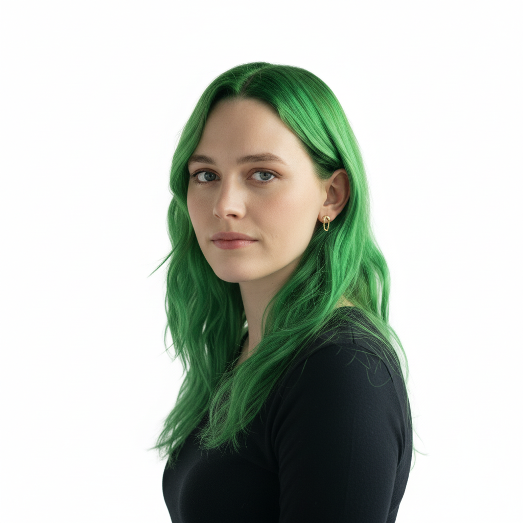 Mujer con cabello verde vibrante y ondulado, mostrando un look atrevido y moderno - Luxent Professional