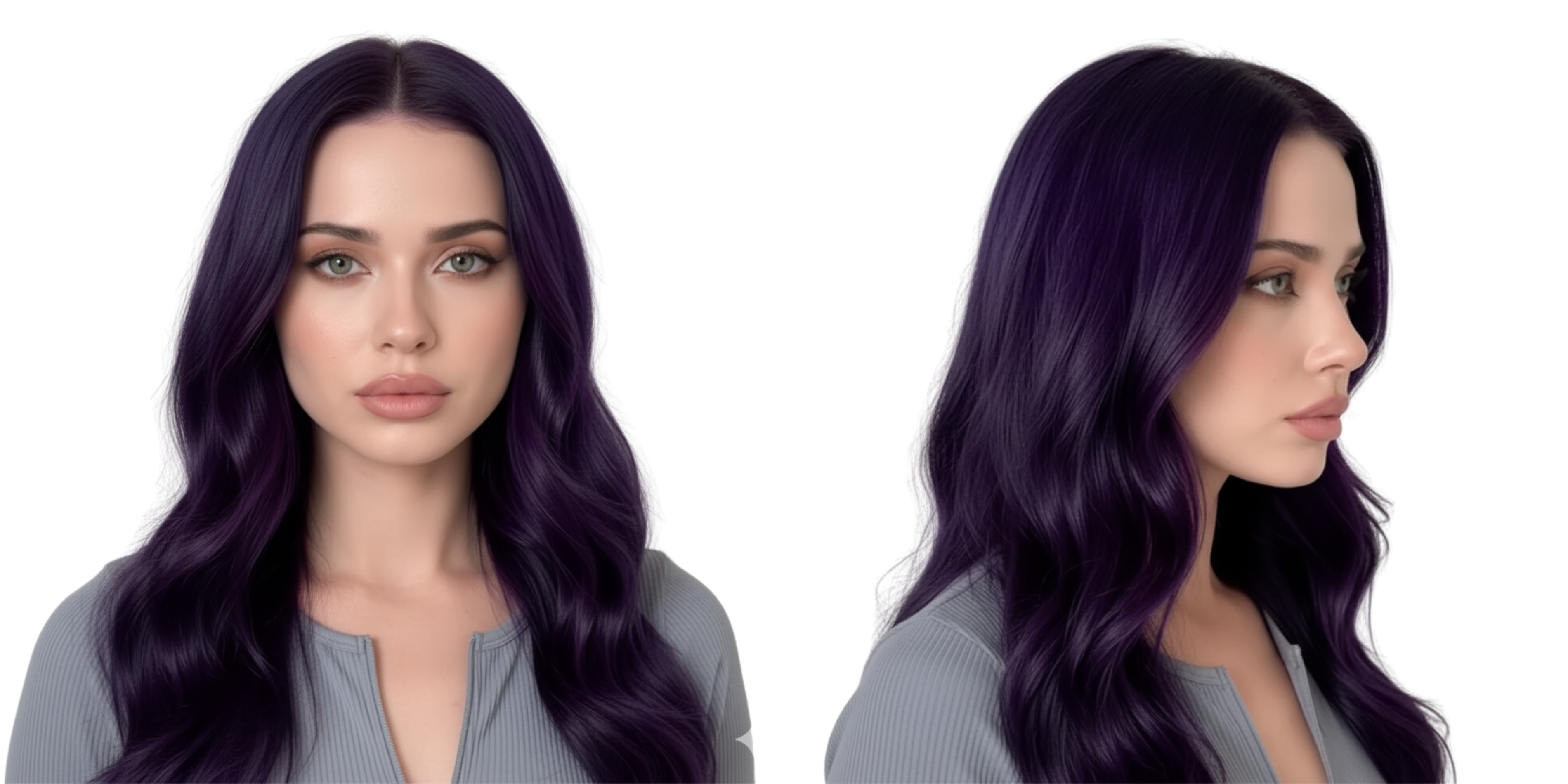 Modelo con cabello morado oscuro, mostrando el color vibrante y saludable. - Luxent Professional