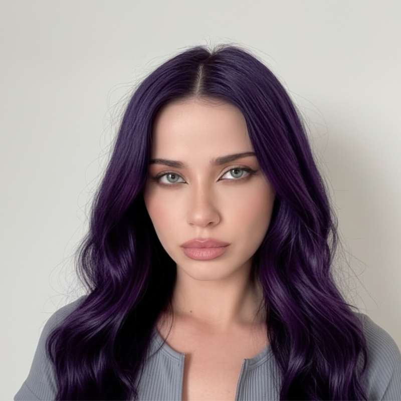 Modelo con cabello morado intenso y ondulado, mostrando un resultado de color vibrante - Luxent Professional