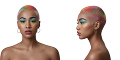 Modelo con cabello corto multicolor y maquillaje artístico. - Luxent Professional