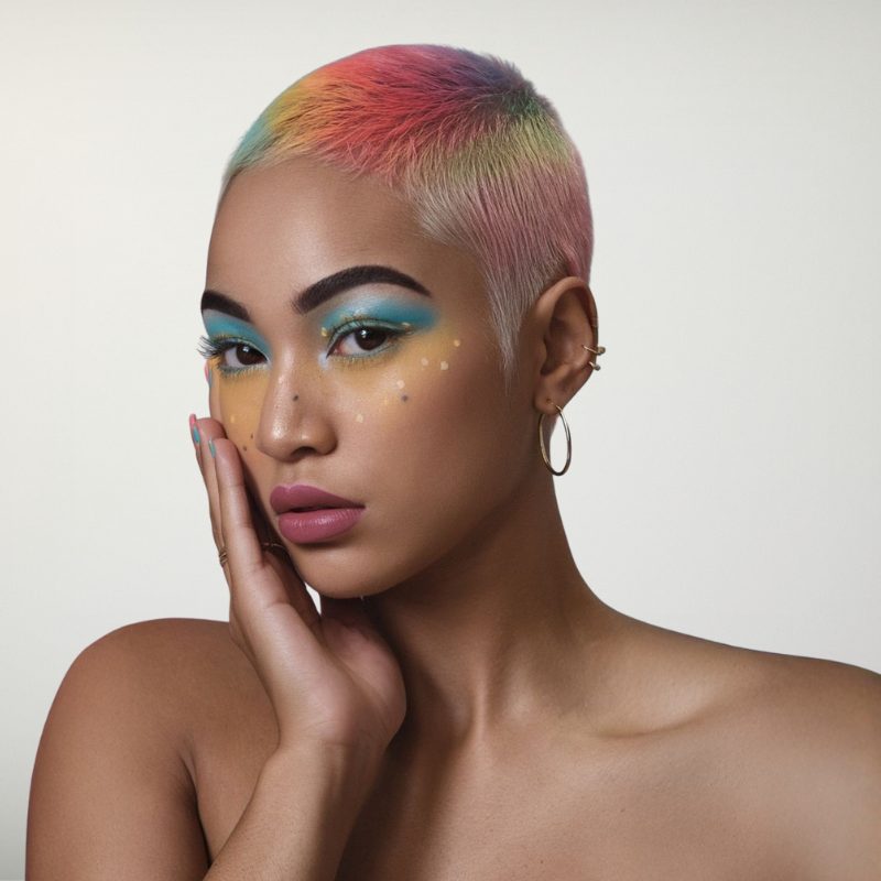 Modelo con cabello corto arcoíris y maquillaje artístico. Inspiración para tintes de cabello - Luxent Professional