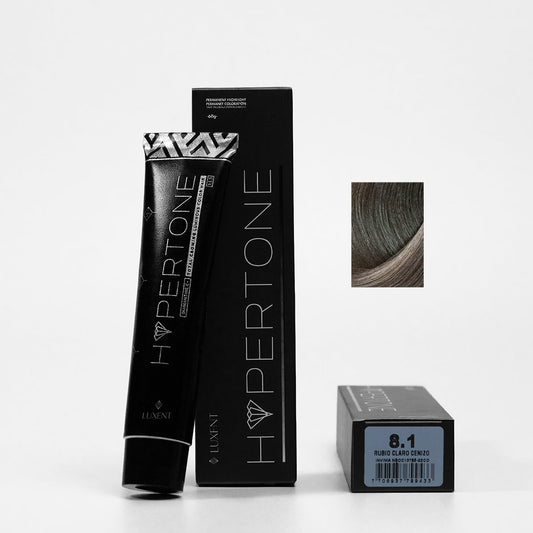 Tinte capilar profesional Hypertone 8.1 Rubio Claro Cenizo, tubo y caja. | L'xent Professional
