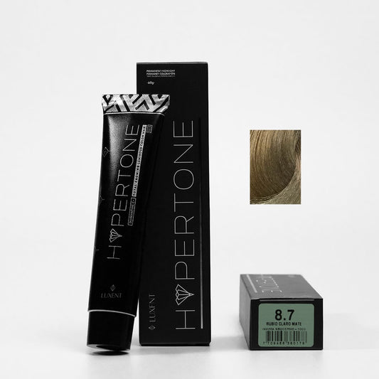Tinte capilar profesional HyperTone 8.7 Rubio Claro Mate, tubo y caja con muestra de color | L'xent Professional