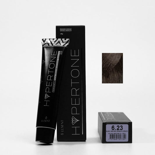 Tinte capilar Hypertone 6.23 Rubio Oscuro Iridisado Dorado, tubo y caja con muestra de color | L'xent Professional