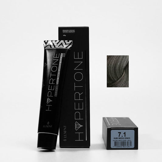 Tinte capilar profesional Hypertone 7.1 Rubio Medio Cenizo, tubo y caja con muestra de color | L'xent Professional