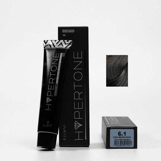 Tinte capilar profesional Hypertone 6.1 Rubio Oscuro Cenizo, tubo y caja con muestra de color | L'xent Professional