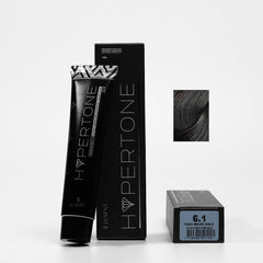 Tinte capilar profesional Hypertone 6.1 Rubio Oscuro Cenizo, tubo y caja con muestra de color | L'xent Professional