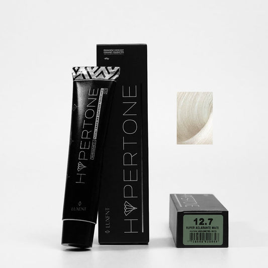 Tinte Hypertone 12.7 Super Aclarante Mate, tubo y caja negros, con muestra de color rubio | L'xent Professional