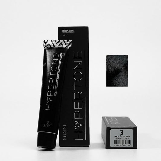 Tinte profesional Hypertone Castaño Oscuro #3, tubo y caja con muestra de color. | L'xent Professional