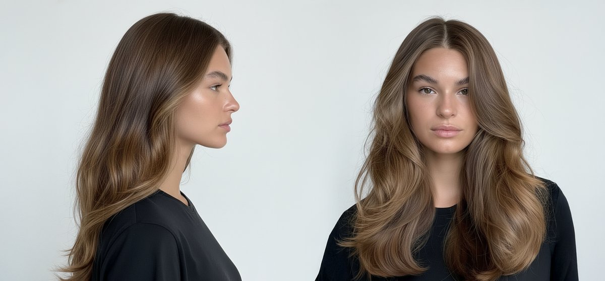 Modelo con cabello castaño brillante y ondulado, mostrando el resultado de productos | L'xent Professional