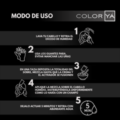 Infografía modo de uso tinte Color Ya, 5 pasos para aplicar el producto en el cabello. | L'xent Professional