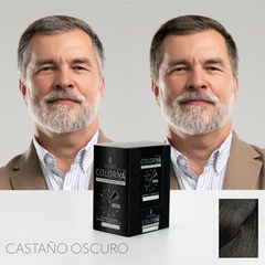 Hombre con cabello y barba teñidos Castaño Oscuro, antes y después. Tinte Color Ya. | L'xent Professional
