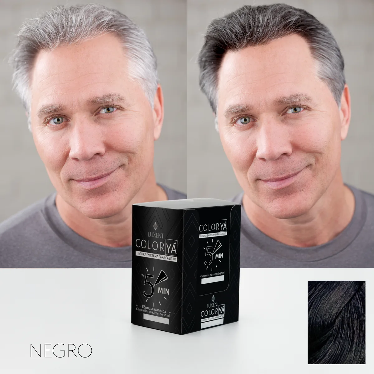 Hombre antes y después de usar tinte ColorYA Negro para cubrir canas | L'xent Professional