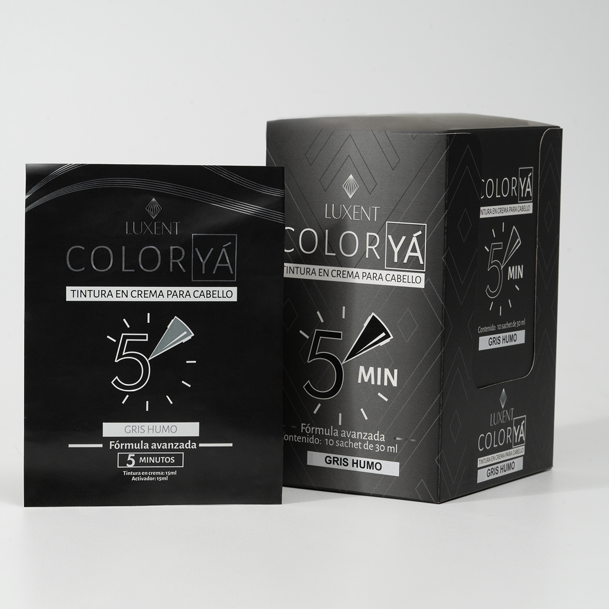 Tinte en crema para cabello ColorYA Gris Humo, sachet y caja. Fórmula avanzada | L'xent Professional