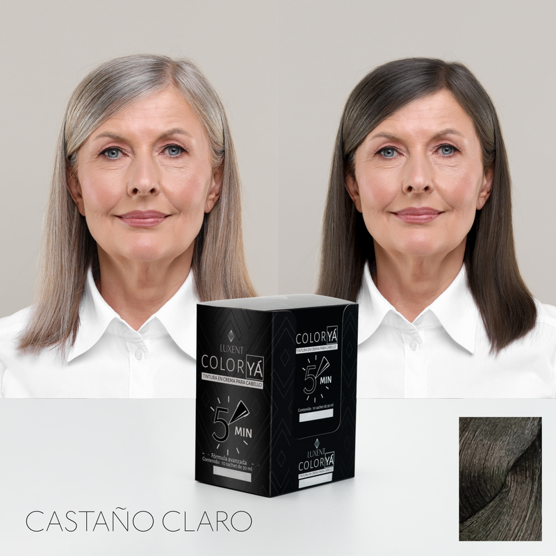 Antes y después de tinte Castaño Claro ColorYA, cubriendo canas en 5 minutos | L'xent Professional