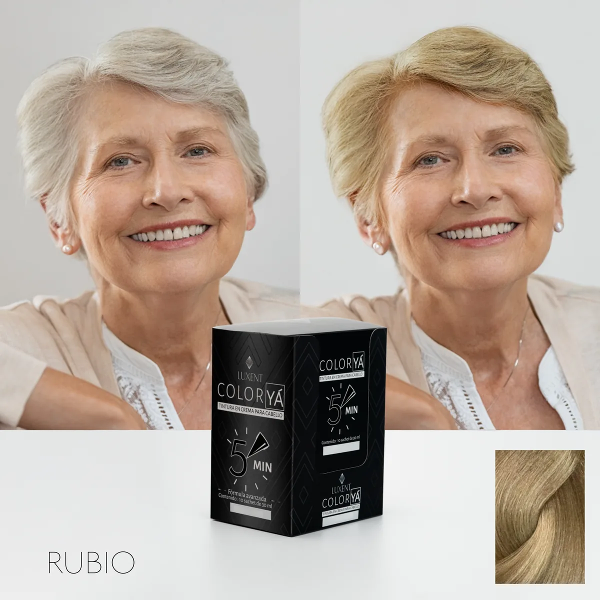 Transformación de cabello gris a rubio en mujer mayor con tinte Color Ya | L'xent Professional