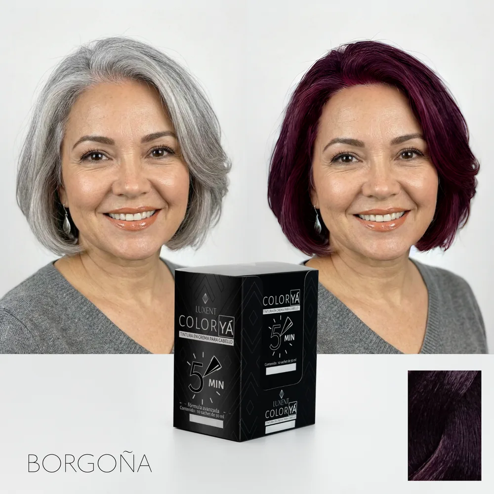 Transformación de cabello gris a borgoña con tinte Color Ya. Tinte profesional de alta | L'xent Professional