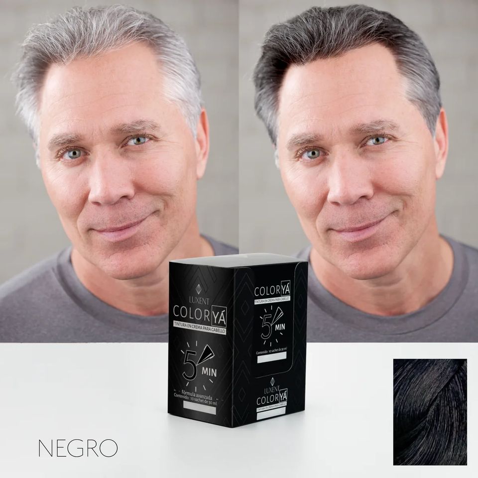 Hombre antes y después de teñir canas a negro con Color Ya. Tinte profesional | L'xent Professional