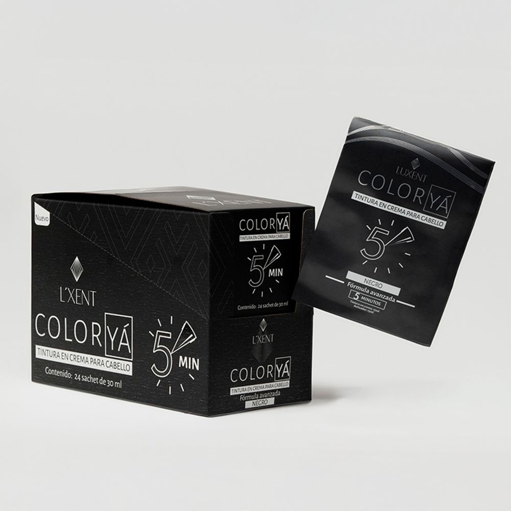 Caja y sachet de tinte capilar negro Color Ya. Tinte en crema | L'xent Professional