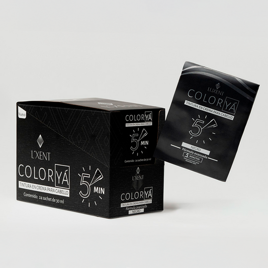 Caja y sachet de tinte capilar negro Color Ya. Tinte en crema para cab | L'xent Professional