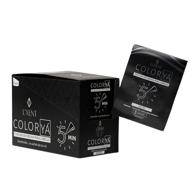 Tinte en crema para cabello Color Ya Negro, caja con 24 sachets de 30ml | L'xent Professional