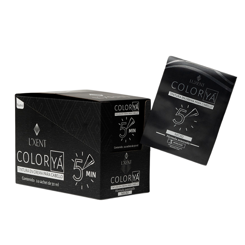 Tinte en crema para cabello L'Xent Color Ya Negro, caja con 24 sachets de 30ml. - Luxent Professional