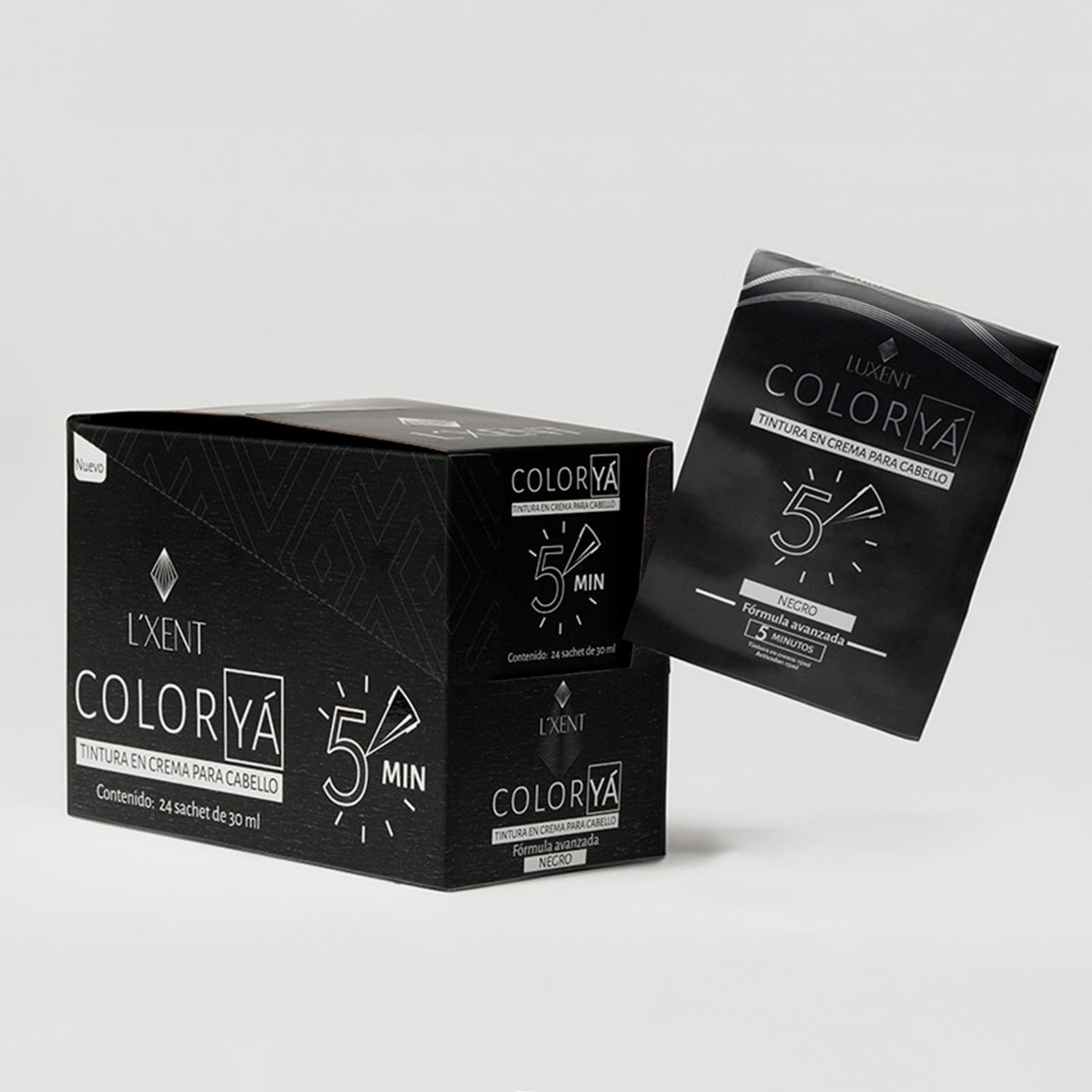 Caja y sachet de tinte capilar negro Color Ya de Luxent Professional. Tinte en crema para cab - Luxent Professional