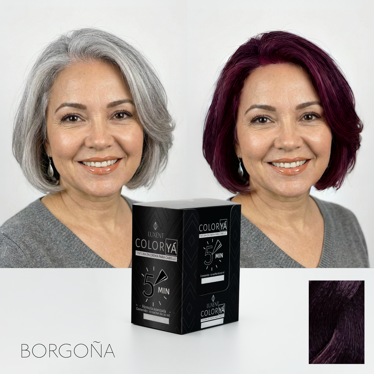 Antes y después de tinte borgoña en cabello gris. Tinte Color Ya de Luxent Professional. - Luxent Professional