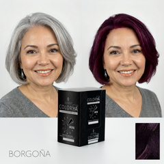 Antes y después de tinte borgoña en cabello gris. Tinte Color Ya de Luxent Professional. - Luxent Professional