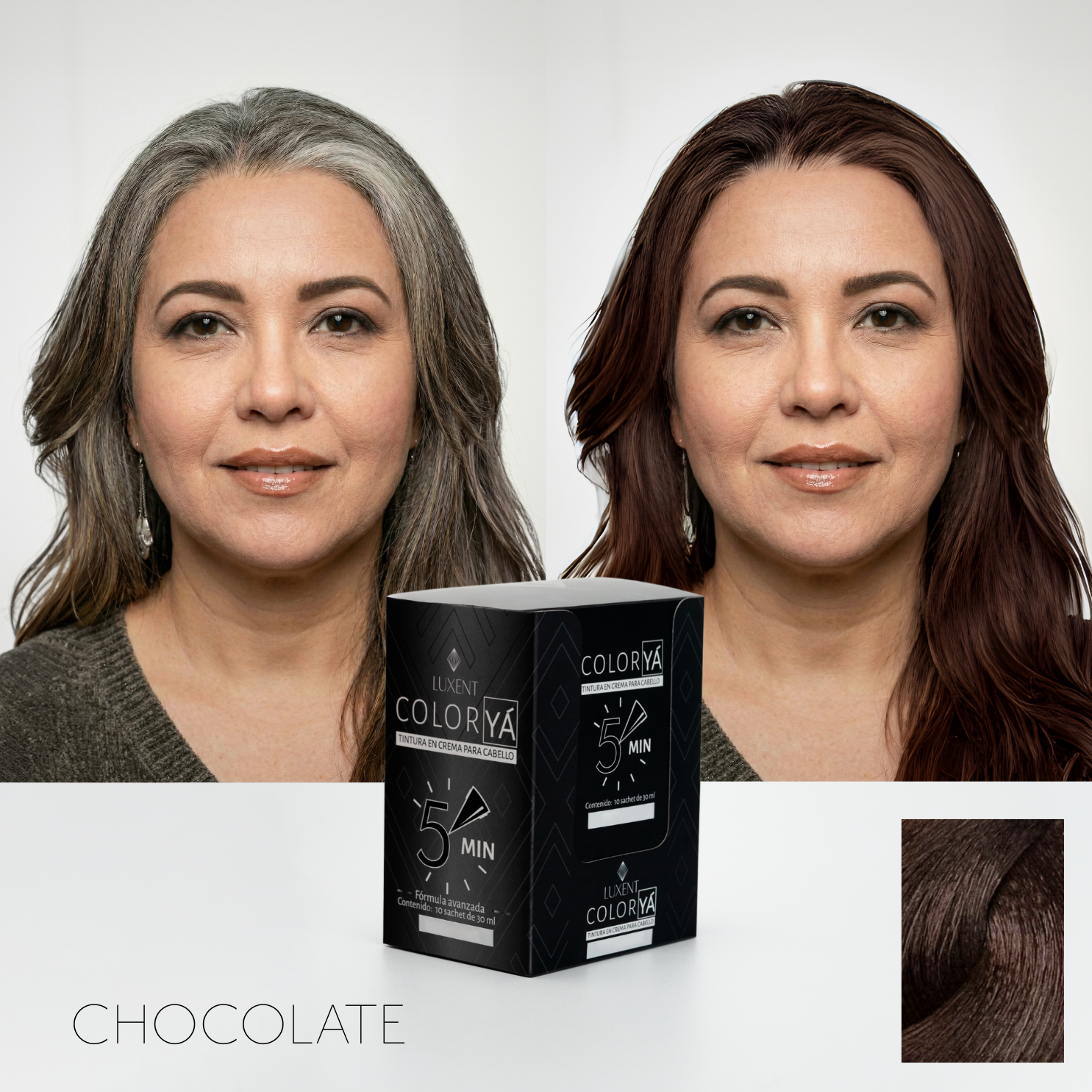 Antes y después de tinte chocolate Luxent ColorYA. Cubre canas en 5 minutos. - Luxent Professional