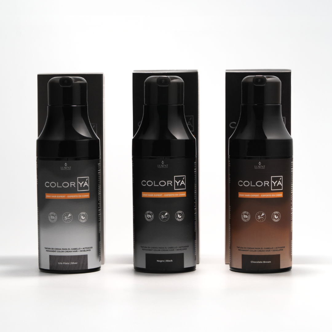 Tintes capilares Color YA en tonos gris plata, negro y chocolate brown para cubrir canas - Luxent Professional