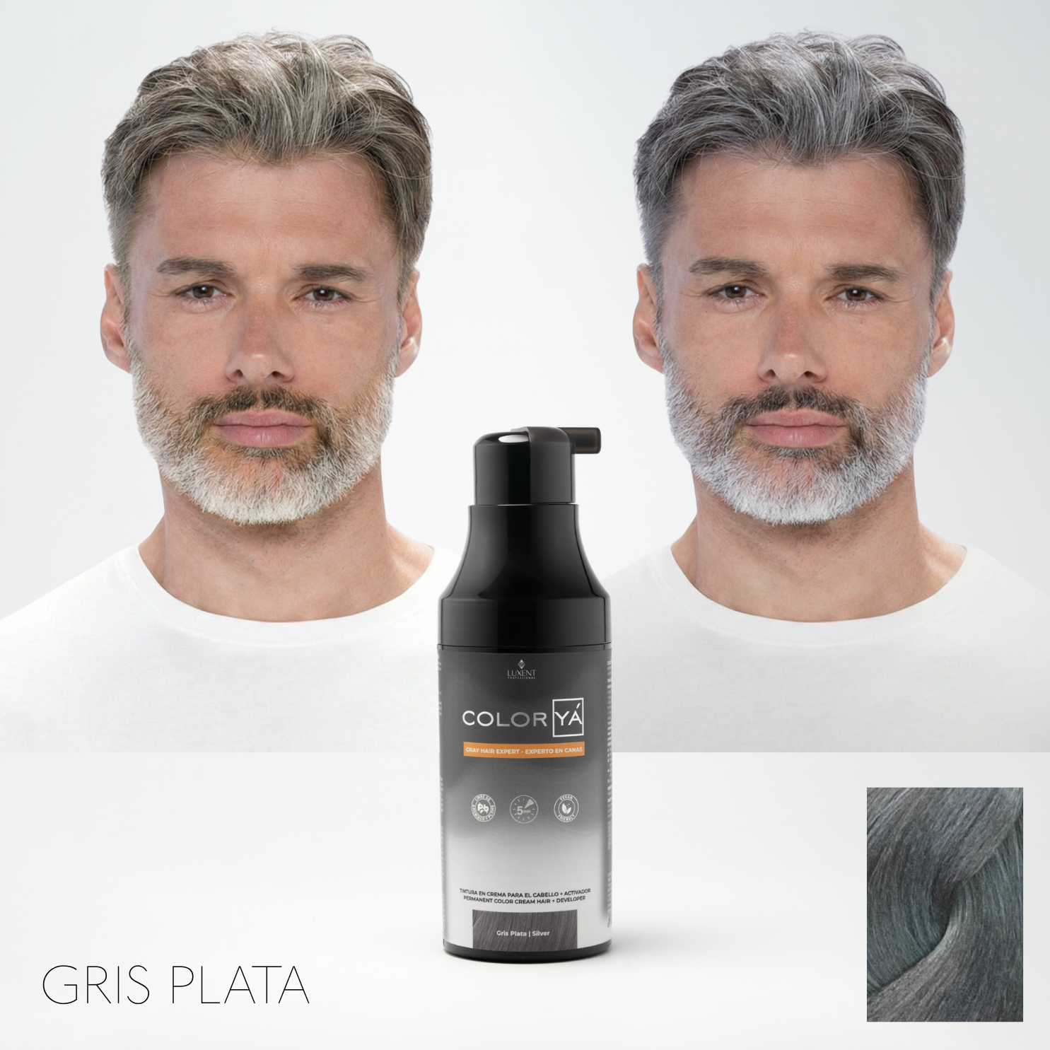 Tinte capilar gris plata para hombres: antes y después con Color Ya de - Luxent Professional