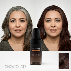 Antes y después de teñir canas a castaño chocolate con ColorYa. Cubre canas | L'xent Professional