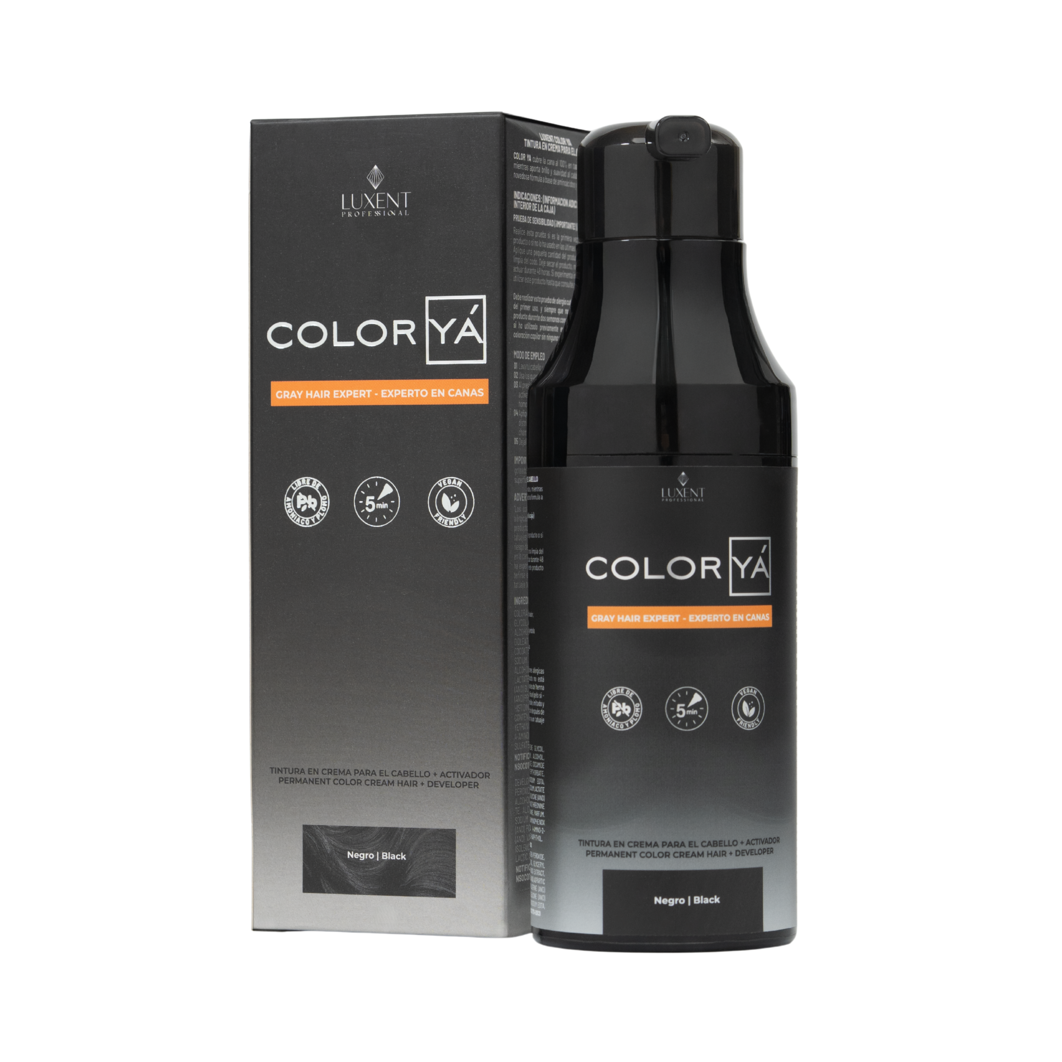 Tinte capilar permanente Luxent Color Yá Negro para cubrir canas, libre de amoniaco y plomo - Luxent Professional
