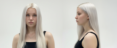 Modelo con cabello rubio platino liso, mostrando el color y la textura. - Luxent Professional
