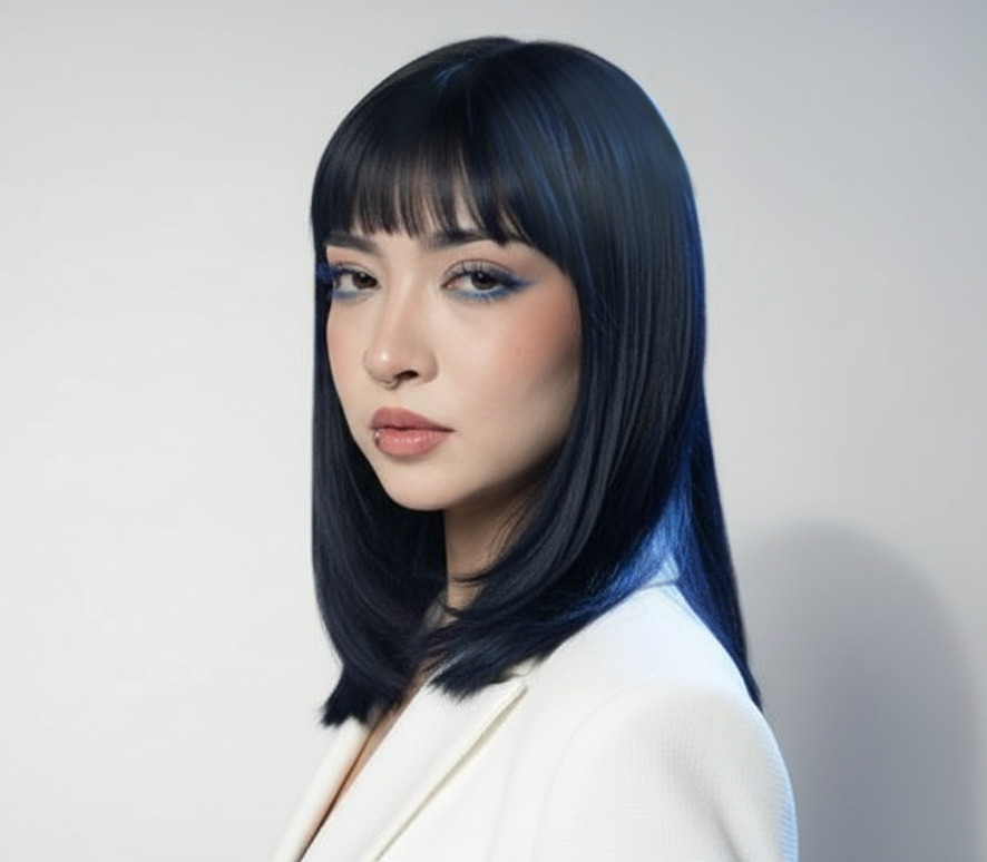 Modelo con cabello liso oscuro y reflejos azules, flequillo y maquillaje azul. - Luxent Professional
