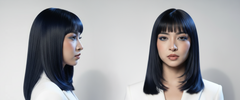 Modelo con cabello liso azul oscuro y flequillo, mostrando el color de cabello profesional - Luxent Professional