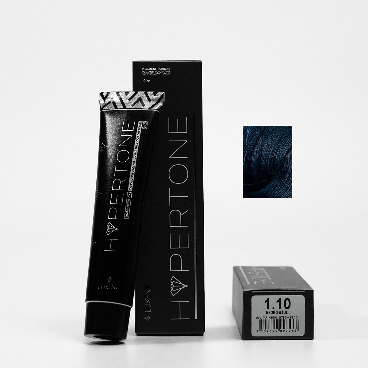 Tinte profesional HyperTone Negro Azul 1.10 para cabello, tubo y caja con muestra de color. - Luxent Professional