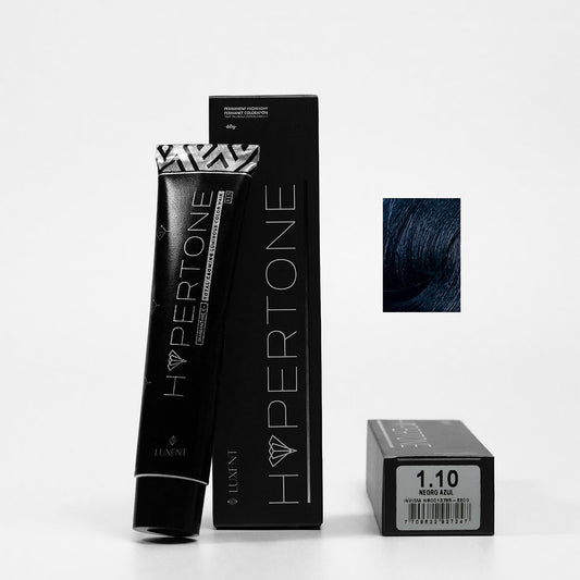 Tinte profesional HyperTone Negro Azul 1.10 para cabello, tubo y caja con muestra de color. | L'xent Professional