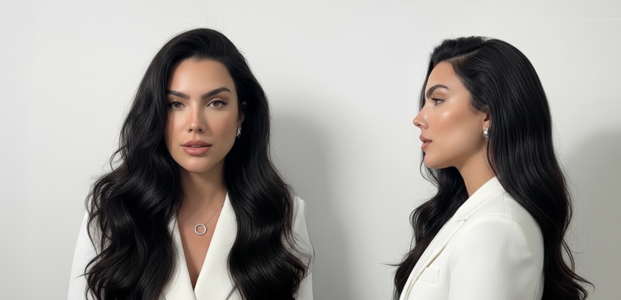 Modelo con cabello negro brillante y ondulado, mostrando volumen y salud. - Luxent Professional