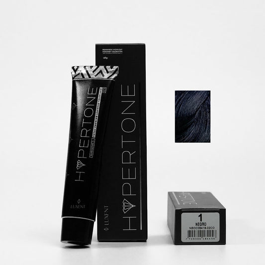 Tinte capilar permanente negro Hypertone, tubo y caja con muestra | L'xent Professional