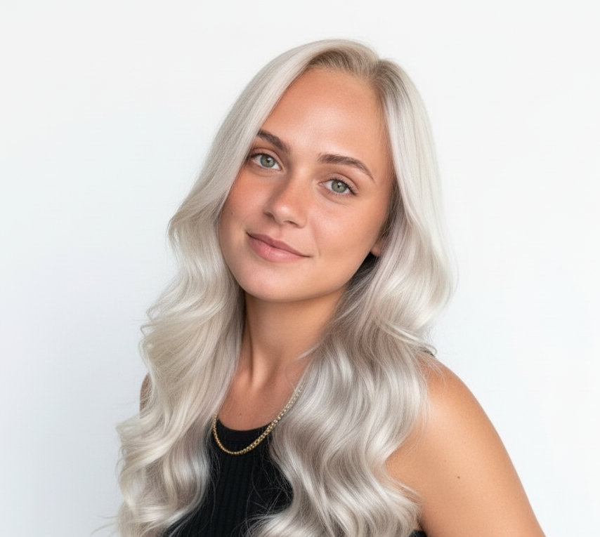 Mujer con cabello rubio platino ondulado, mostrando un resultado de color vibrante y saludabl - Luxent Professional