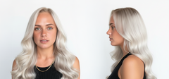 Modelo con cabello rubio platino ondulado, mostrando el resultado de un tinte profesional - Luxent Professional