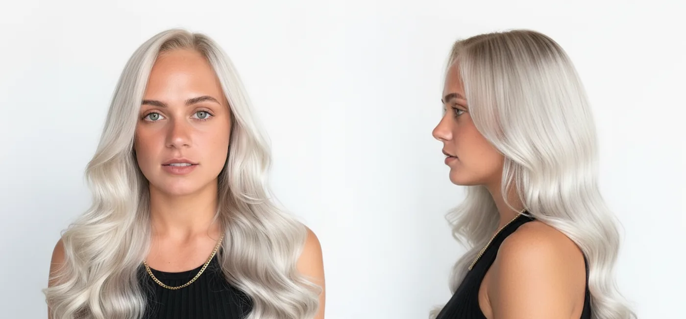 Mujer con cabello rubio platino ondulado, mostrando un resultado de color vibrante y saludabl | L'xent Professional