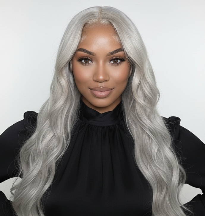 Modelo con cabello largo ondulado gris plateado, look elegante y moderno. - Luxent Professional