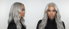 Modelo con cabello largo ondulado gris plateado, vista frontal y de perfil. - Luxent Professional
